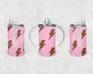 Pink with Cheetah Lightning Bolts Kids Sippy Cup or Water Bottle
