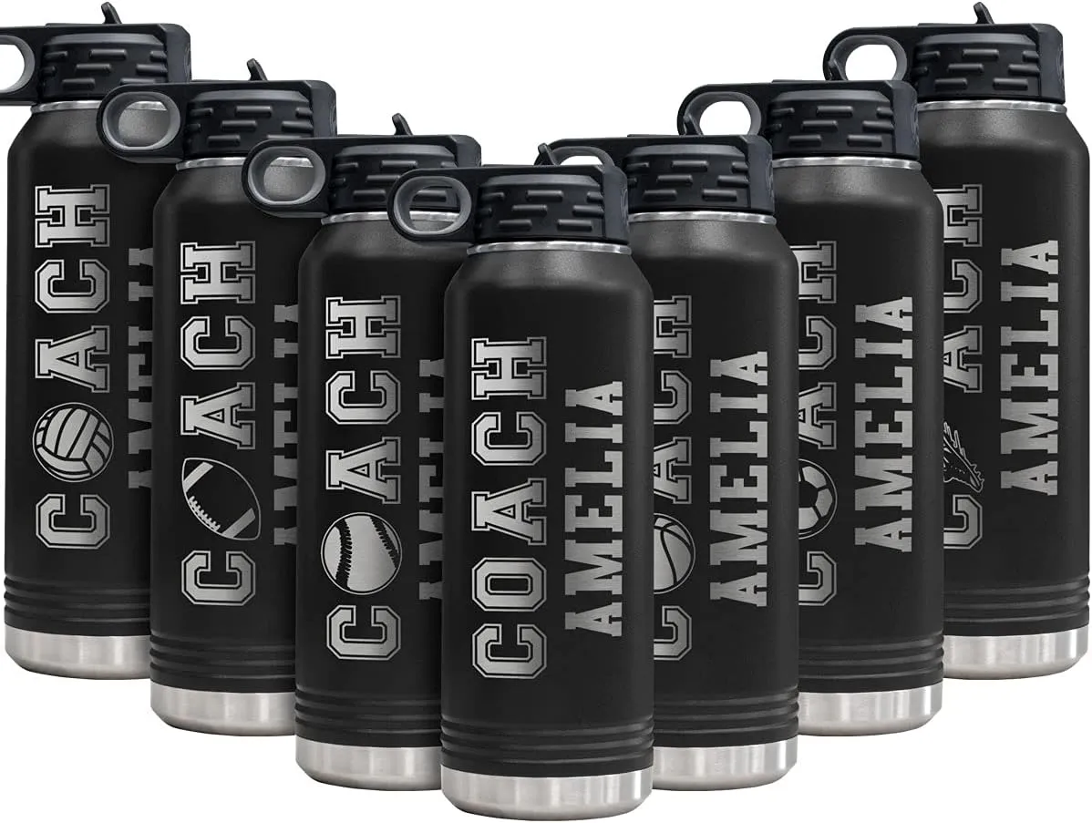 PlaqueMaker Customizable Coach Water Bottle - Include Your Personal Text (Black)
