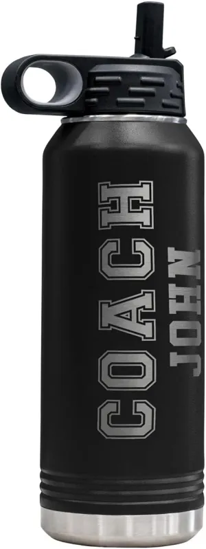 PlaqueMaker Customizable Coach Water Bottle - Include Your Personal Text (Black)