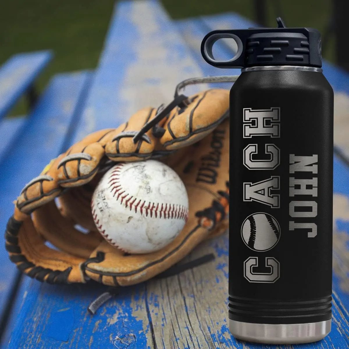 PlaqueMaker Customizable Coach Water Bottle - Include Your Personal Text (Black)