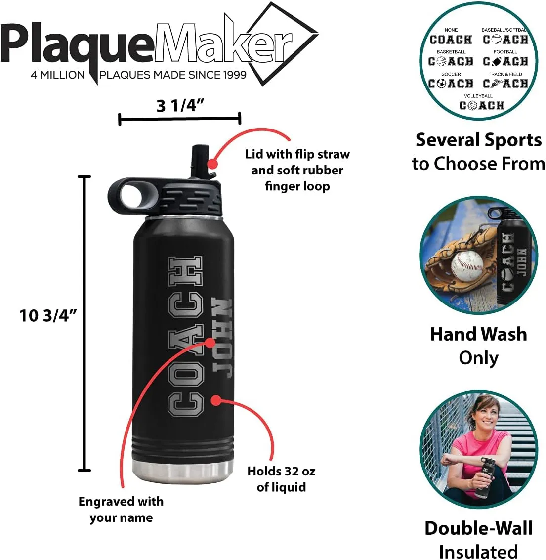 PlaqueMaker Customizable Coach Water Bottle - Include Your Personal Text (Black)