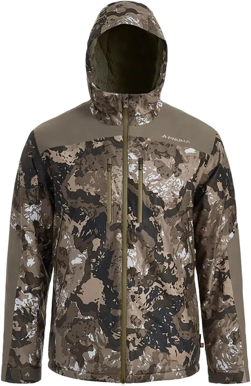 Pnuma Men's Torrent Hunting Whisper-Quiet Waterproof Adjustable Hood Insulated Comfortable Camo Jacket, Caza Ov