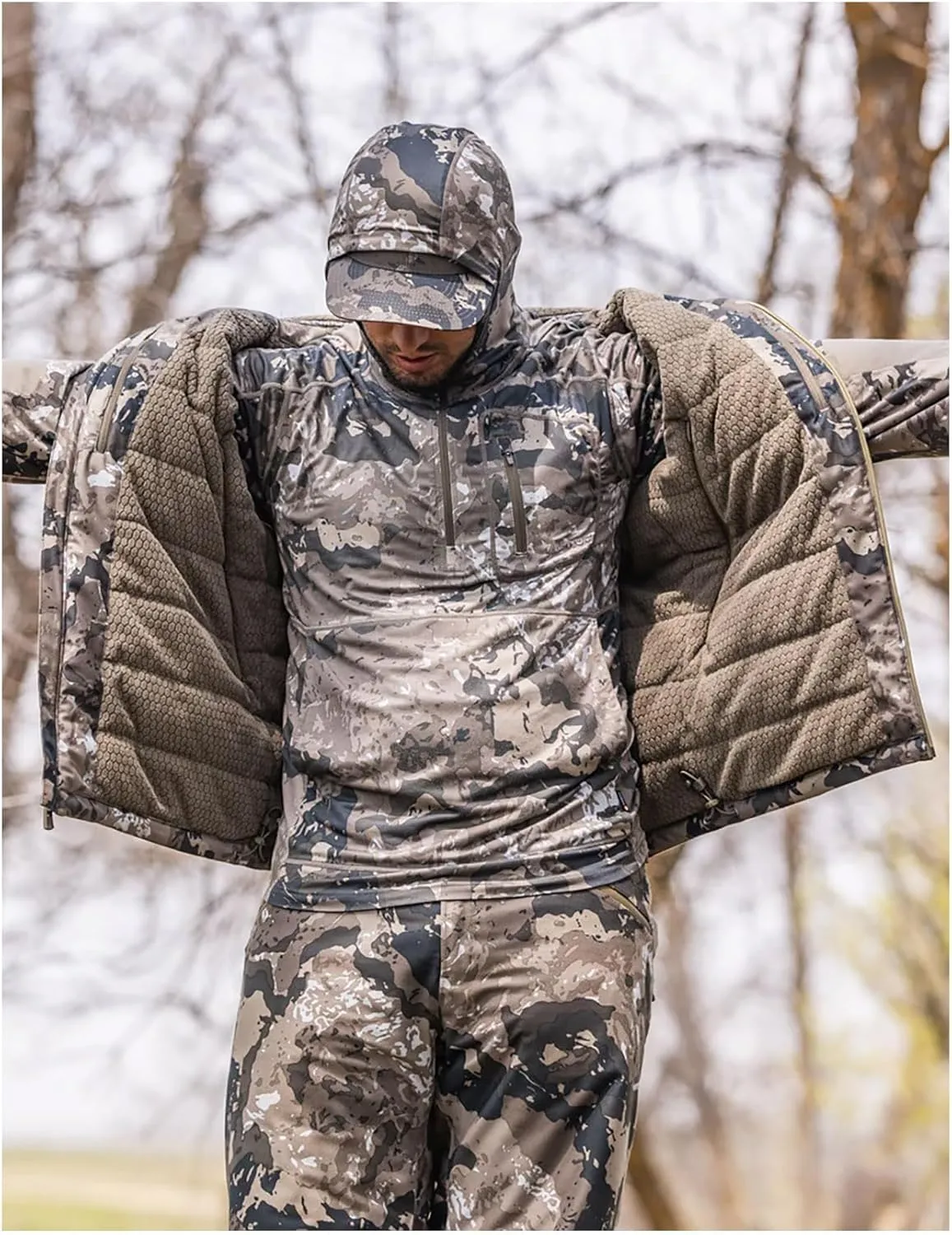 Pnuma Men's Torrent Hunting Whisper-Quiet Waterproof Adjustable Hood Insulated Comfortable Camo Jacket, Caza Ov