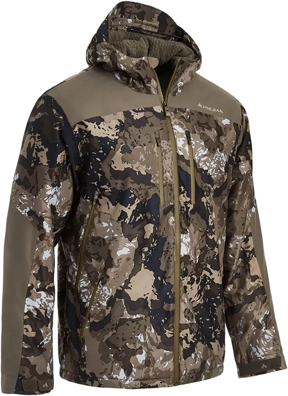 Pnuma Men's Torrent Hunting Whisper-Quiet Waterproof Adjustable Hood Insulated Comfortable Camo Jacket, Caza Ov