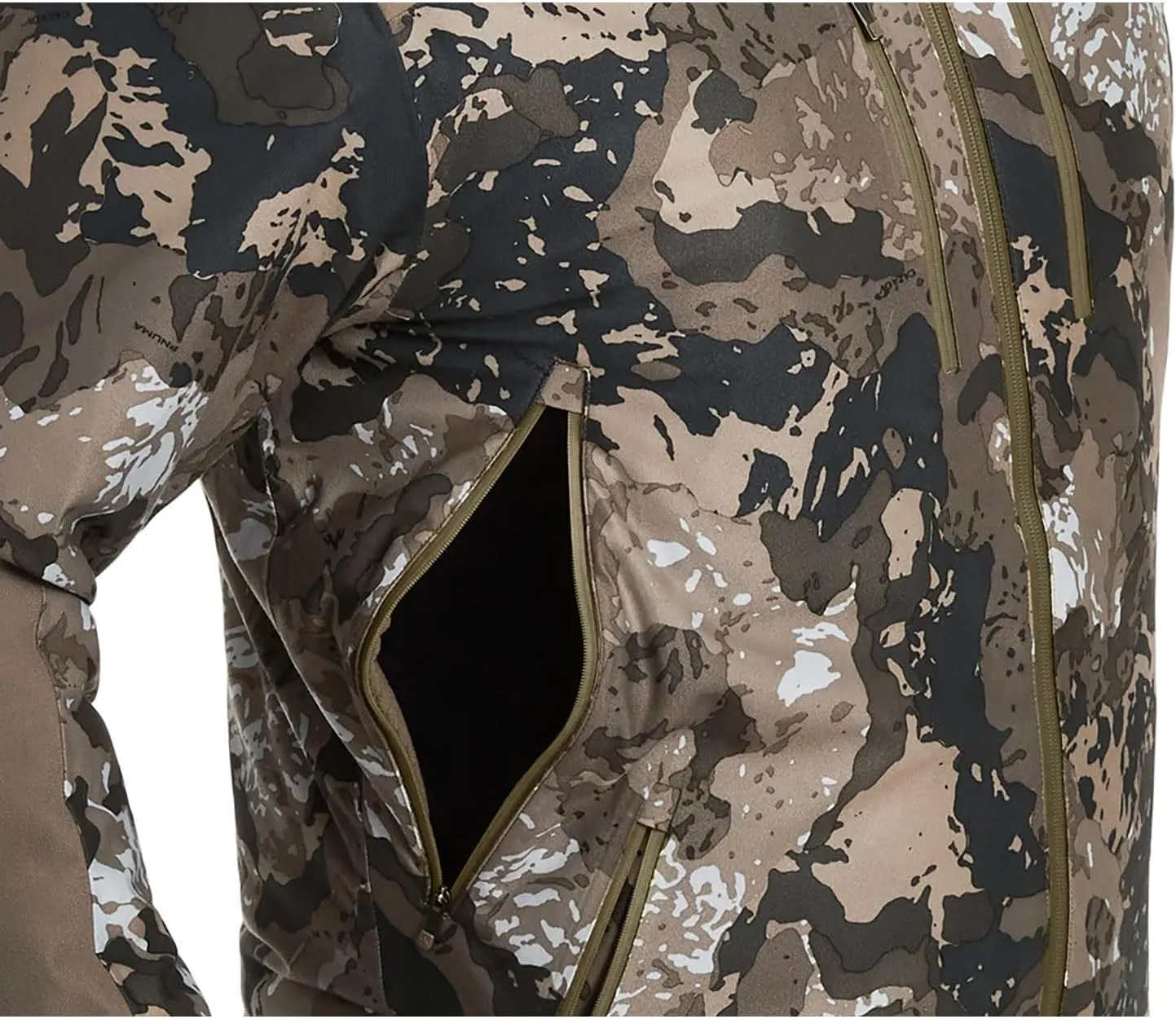 Pnuma Men's Torrent Hunting Whisper-Quiet Waterproof Adjustable Hood Insulated Comfortable Camo Jacket, Caza Ov