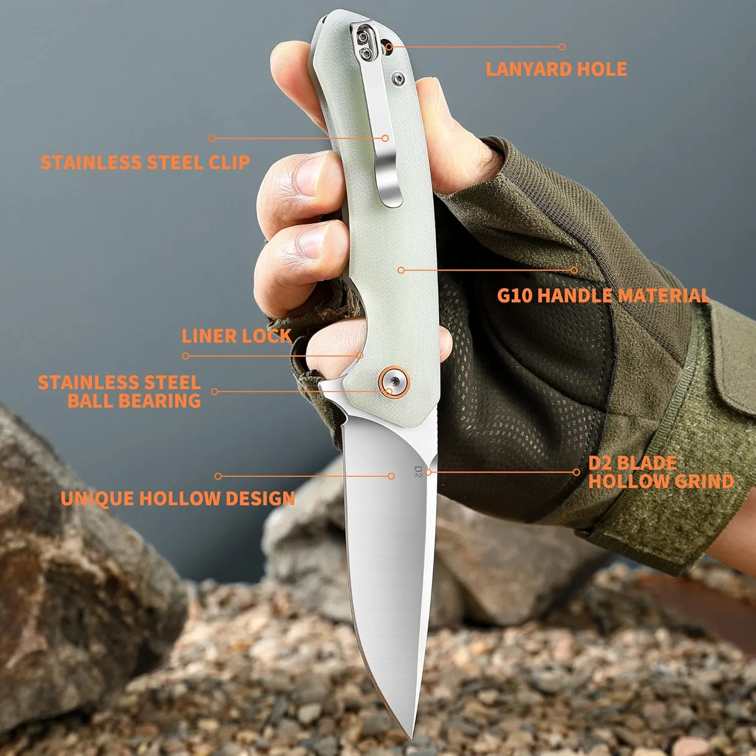 Pocket for Men Knife D2 Steel & G10 Handle 3.54" Blade Length Pocket Knives With Clip & Folding Knives - EDC Camping Fishing Outdoor Jade