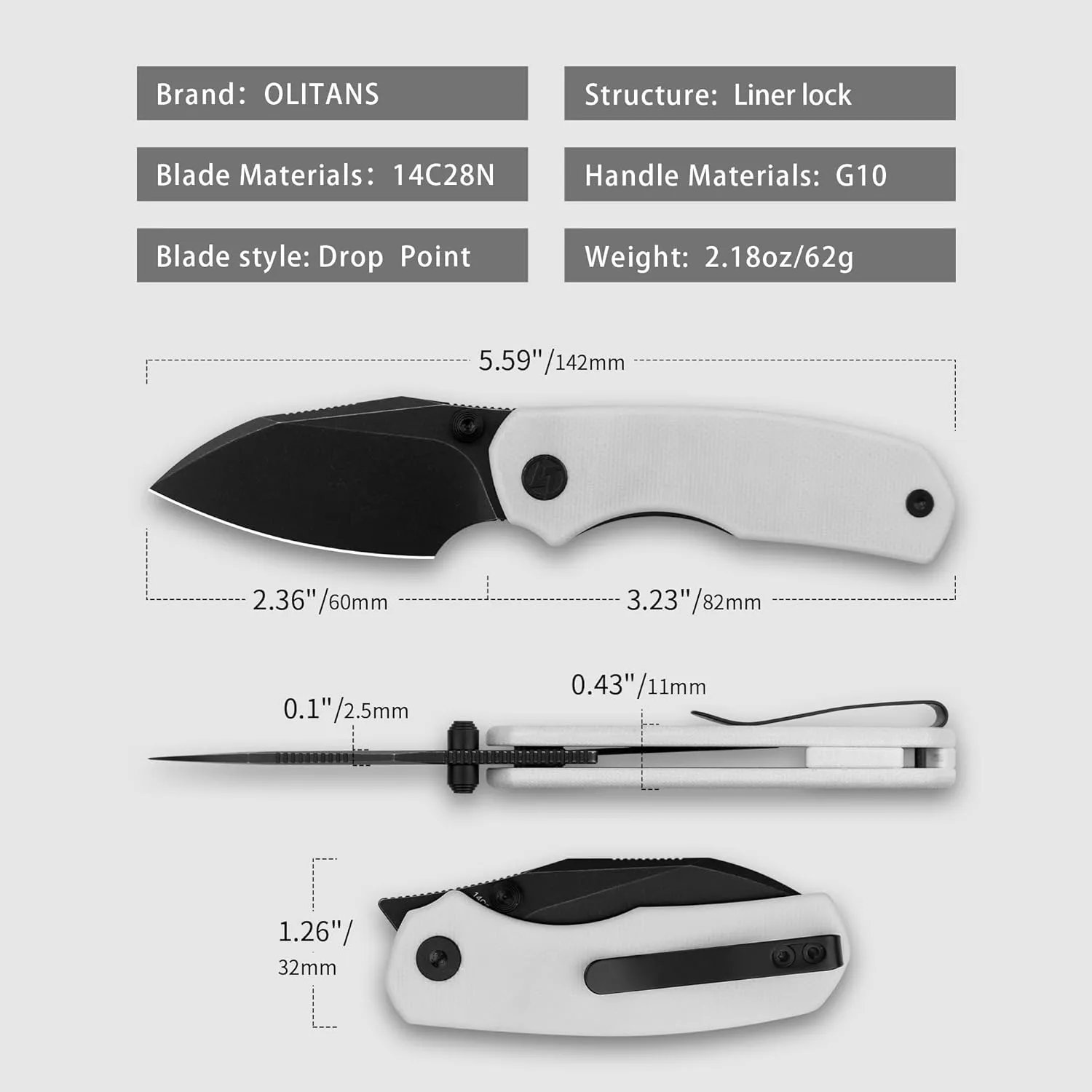 Pocket Knife, 2.36'' 14C28N Steel Blade G10 handle, Small EDC Knife with Pocket Clip for Men Women, 2.2oz-G057WB