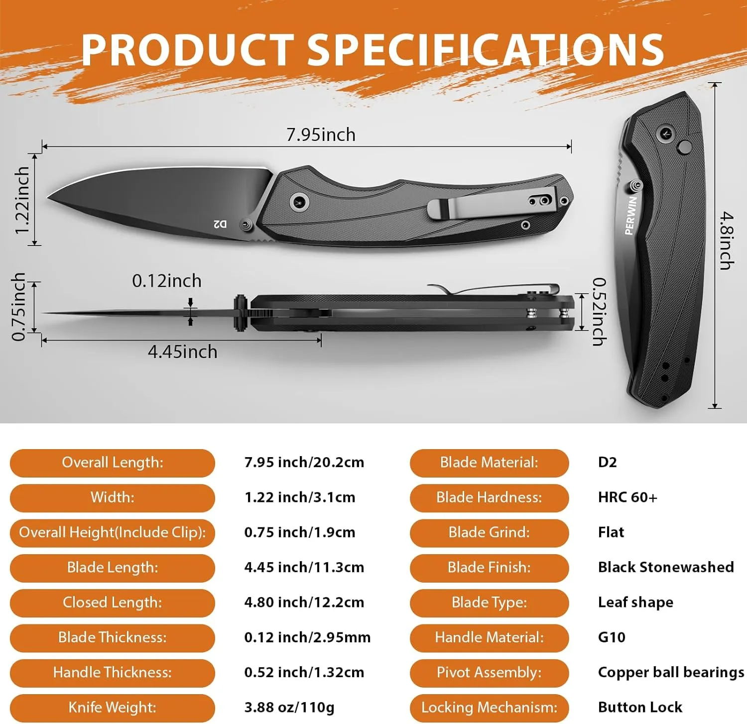 Pocket Knife - Folding Knife Button Lock, Razor Sharp D2 Blade G10 Handle for EDC, Collection, Outdoor Activities