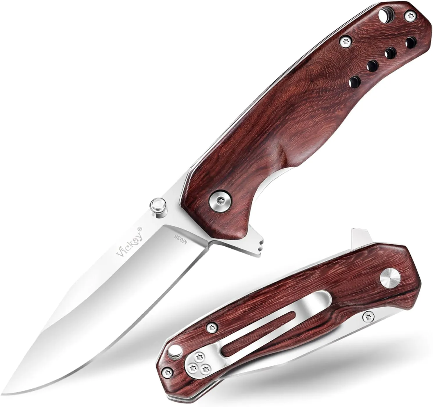 Pocket Knife, Folding Knife with Clip, 2.76" 8Cr13MoV Steel Blade, Wood Handle EDC Knife for Men & Women, Outdoor Camping, Tactical, Hunting, Hiking, Survival - Father’s Day Gift