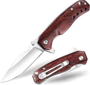 Pocket Knife, Folding Knife with Clip, 2.76" 8Cr13MoV Steel Blade, Wood Handle EDC Knife for Men & Women, Outdoor Camping, Tactical, Hunting, Hiking, Survival - Father’s Day Gift