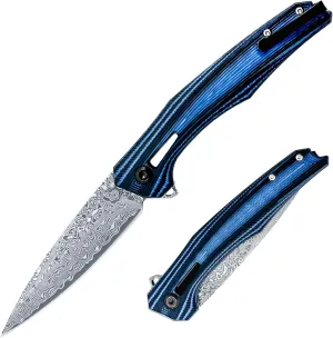 Pocket Knife for EDC, Folding Knife with 3.95” Reverse Damascus Blade, G10 Handle, Ideal Gift for Men Women, for Camping, Fishing, Hiking & EDC ON THE GO - YFA047 - BLUE TREE