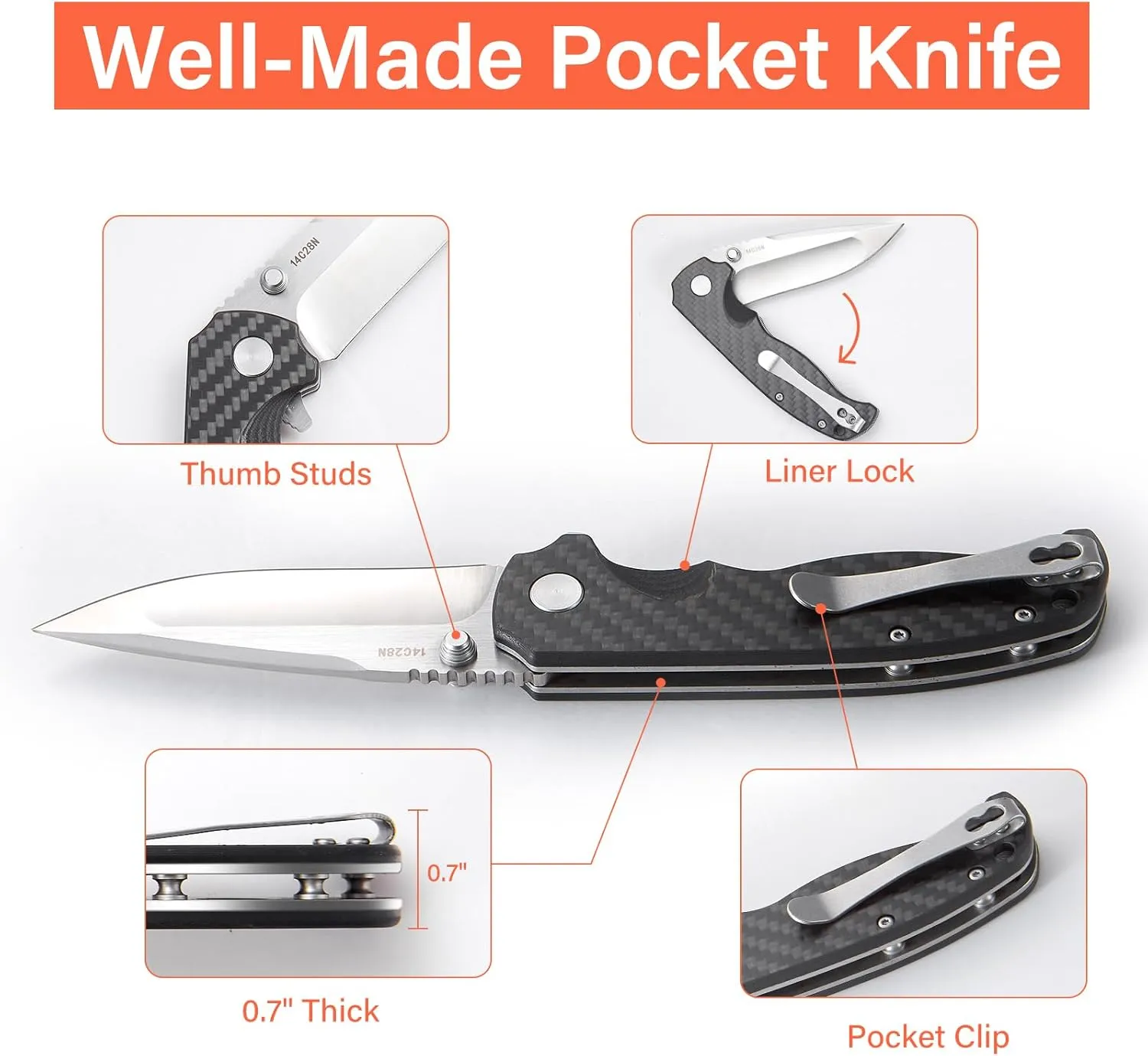 Pocket Knife for Men: 3.4" EDC Titanium Knives with 14C28N Blade & Carbon Fibre Handle for Men Women - Portable Pocket Clip for Camping Hiking Survival Hunting