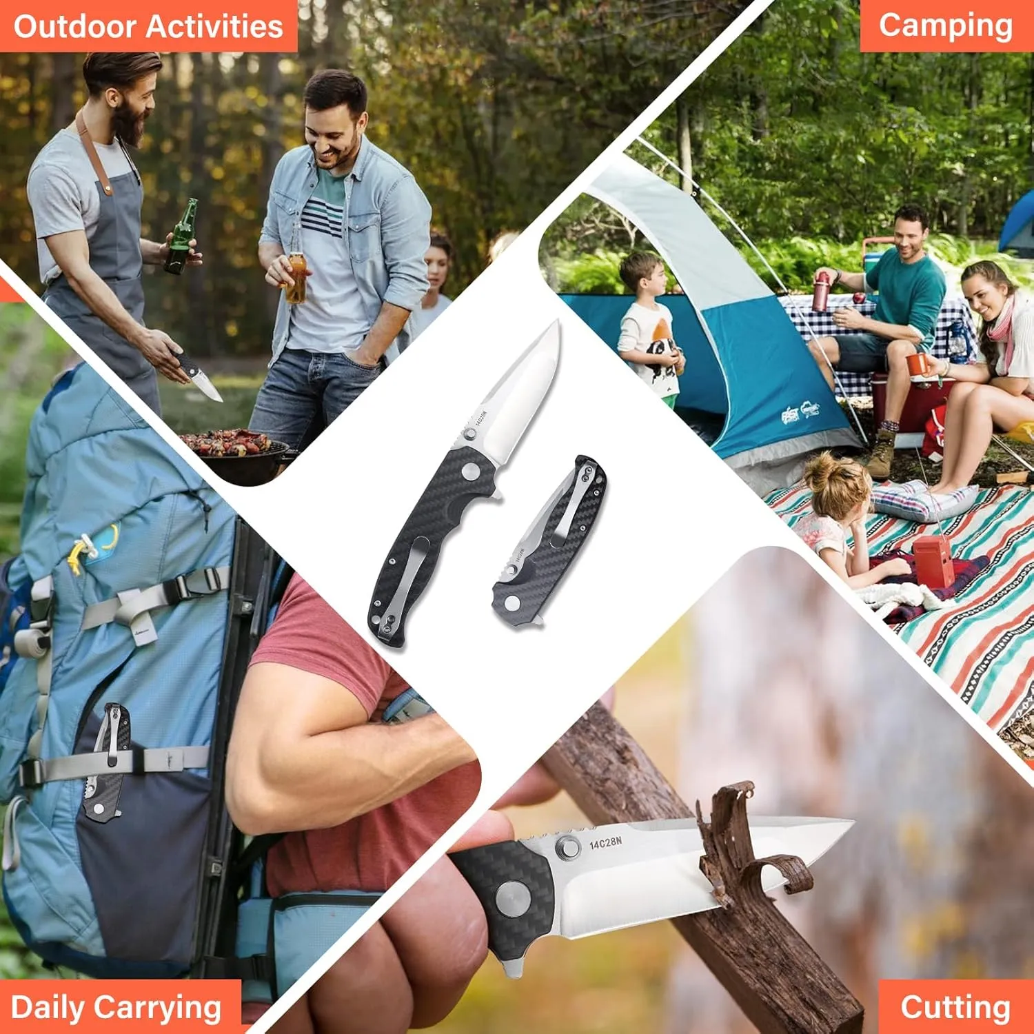Pocket Knife for Men: 3.4" EDC Titanium Knives with 14C28N Blade & Carbon Fibre Handle for Men Women - Portable Pocket Clip for Camping Hiking Survival Hunting
