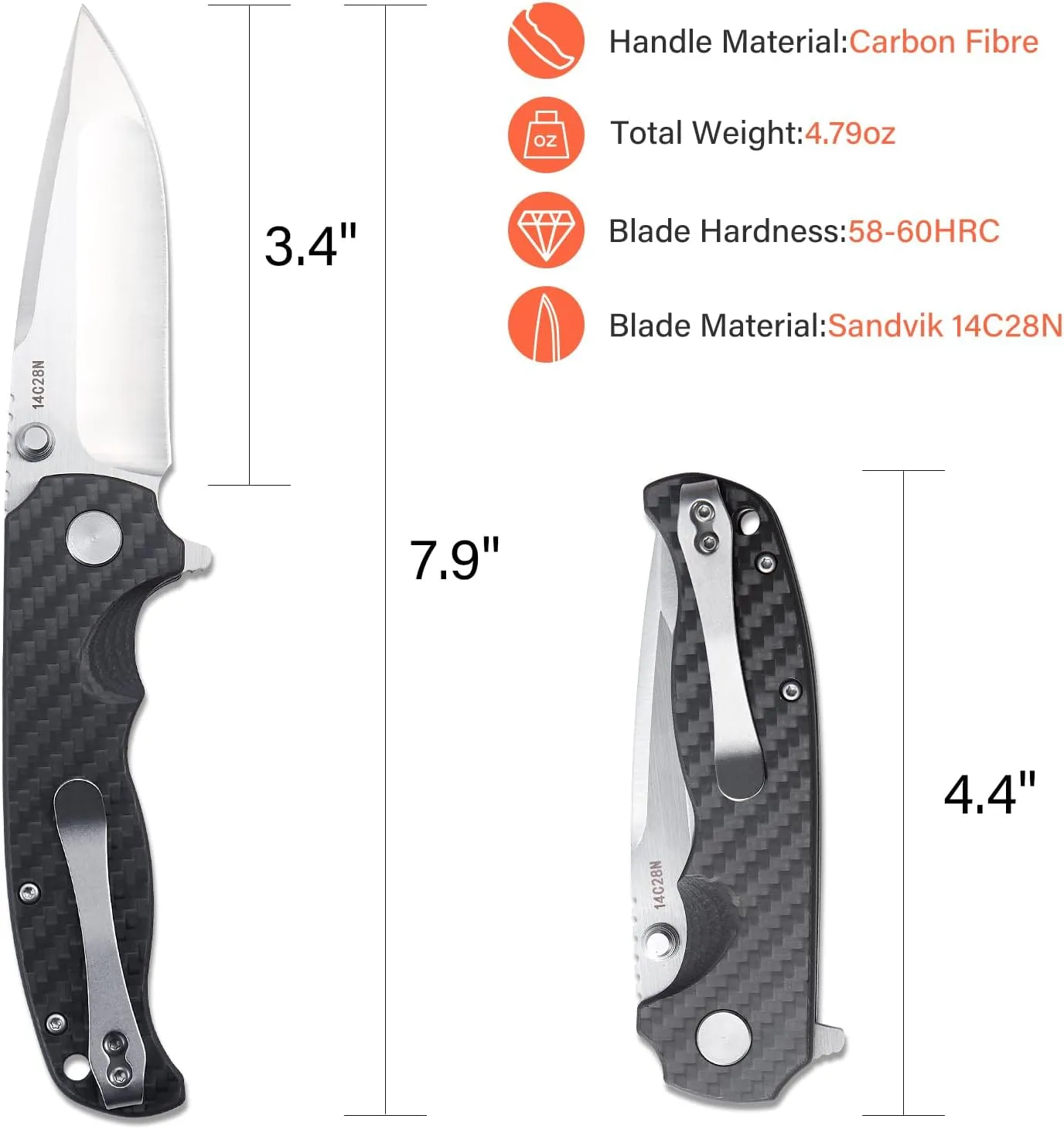 Pocket Knife for Men: 3.4" EDC Titanium Knives with 14C28N Blade & Carbon Fibre Handle for Men Women - Portable Pocket Clip for Camping Hiking Survival Hunting