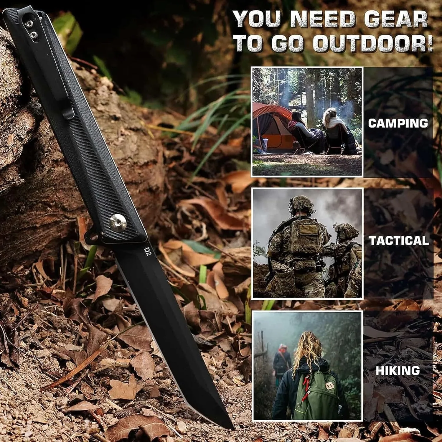 Pocket Knife GD22K, Flipper Open 3.6" D2 Steel Tanto Folding knife with Durable G10 Handle,Men Women Everyday Carry EDC Knife,Sharp Camping Hiking Daily Work Knives