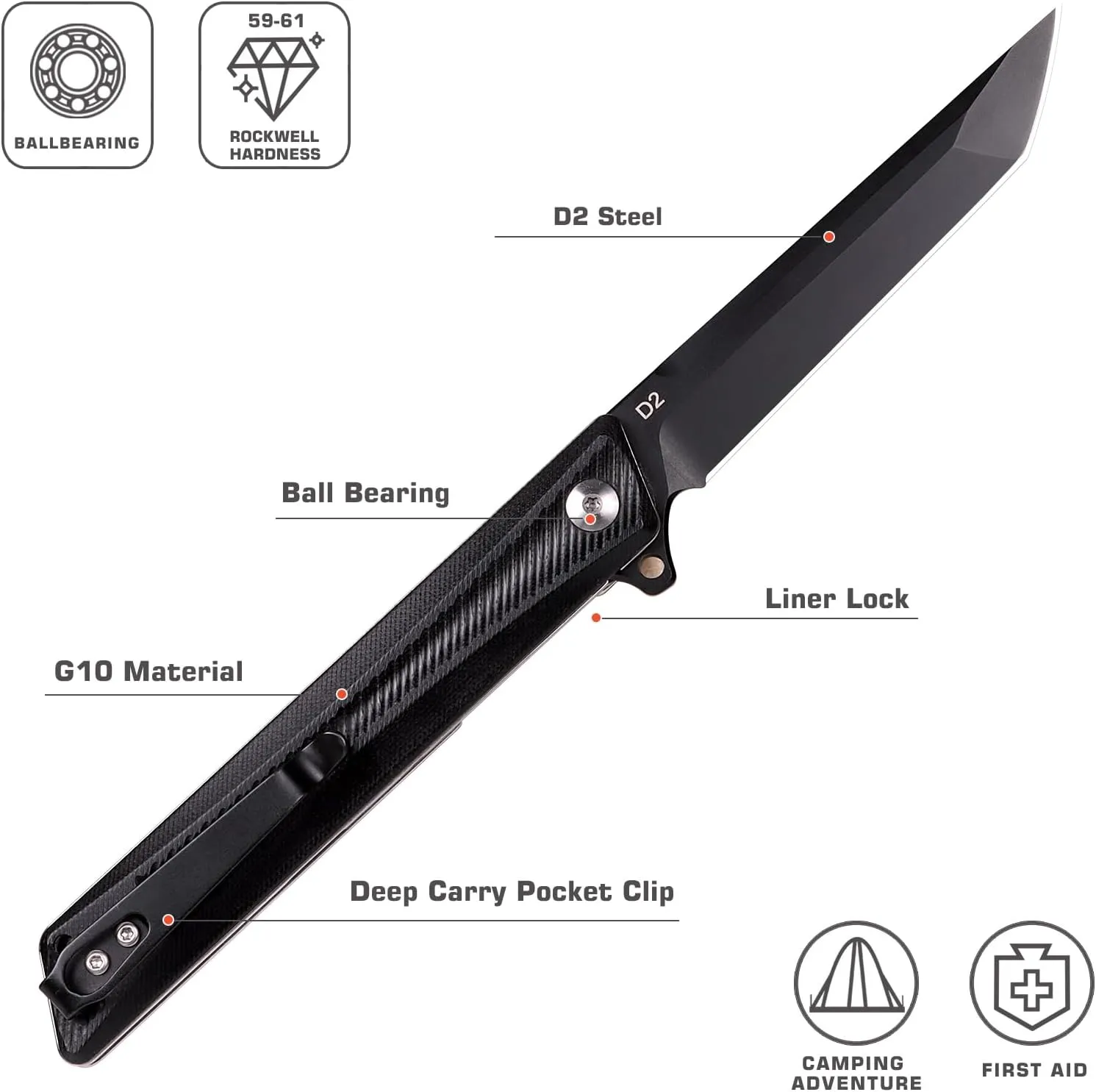 Pocket Knife GD22K, Flipper Open 3.6" D2 Steel Tanto Folding knife with Durable G10 Handle,Men Women Everyday Carry EDC Knife,Sharp Camping Hiking Daily Work Knives