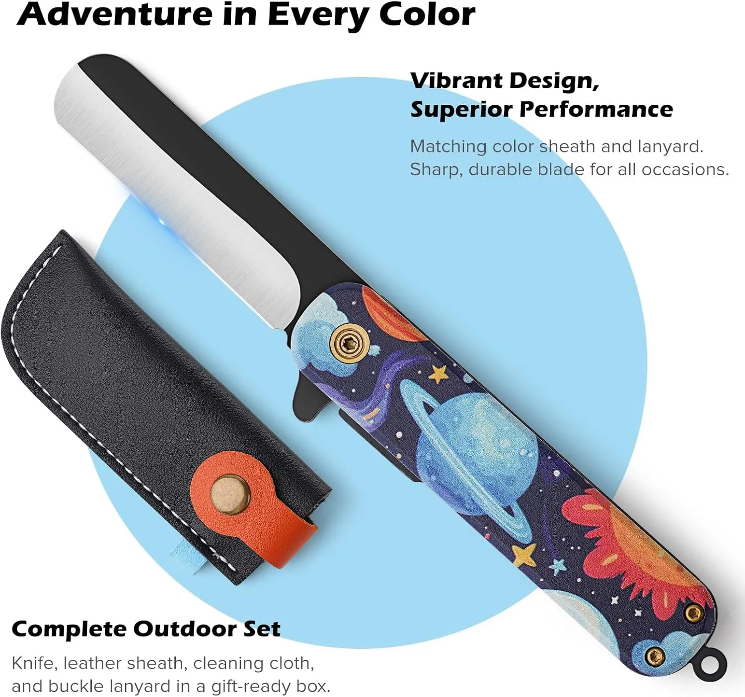 Pocket Knife Set with Clip & Sheath, Lanyard, First Pocket Folding Knife with Rounded Tip for Boys/Girls, Beginner, Black Oxidized Blade 420J2 Stainless Steel-Space Pattern Handle