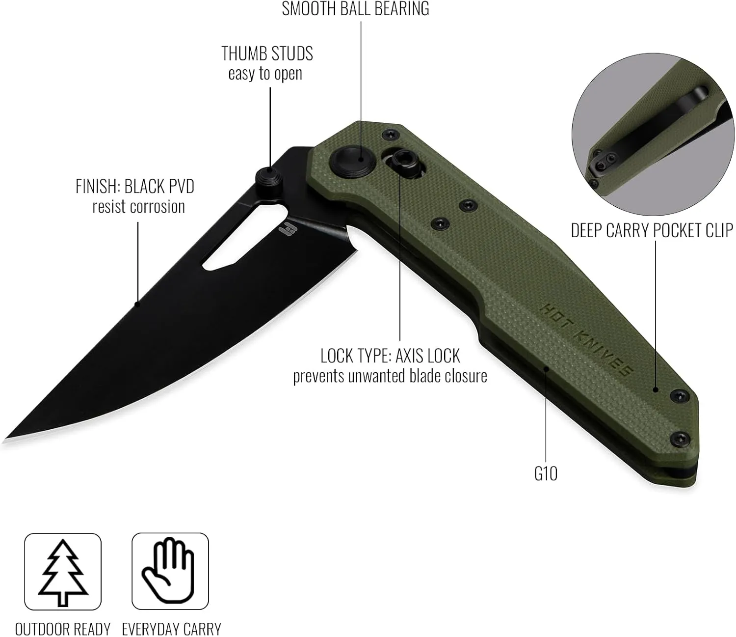 Pocket Knife,3.6" Sandvik 14C28N Steel Black PVD Blade Folding Knife, Small EDC Knife with Pocket Clip for Men Women-Sharp Camping Survival Hiking Knives，Non-Slip G10 Handle,OD Green