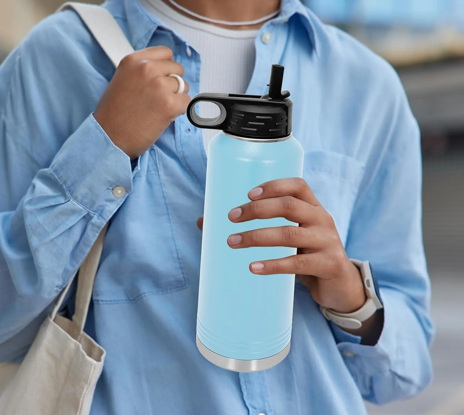 Polar Camel Water Bottle 32oz with Flip-Top Lid and Straw, Vacuum Insulated Flask, Stainless Steel Sports Double Wall Thermos for Men, Women Water Bottle (Light Blue, 32 oz)