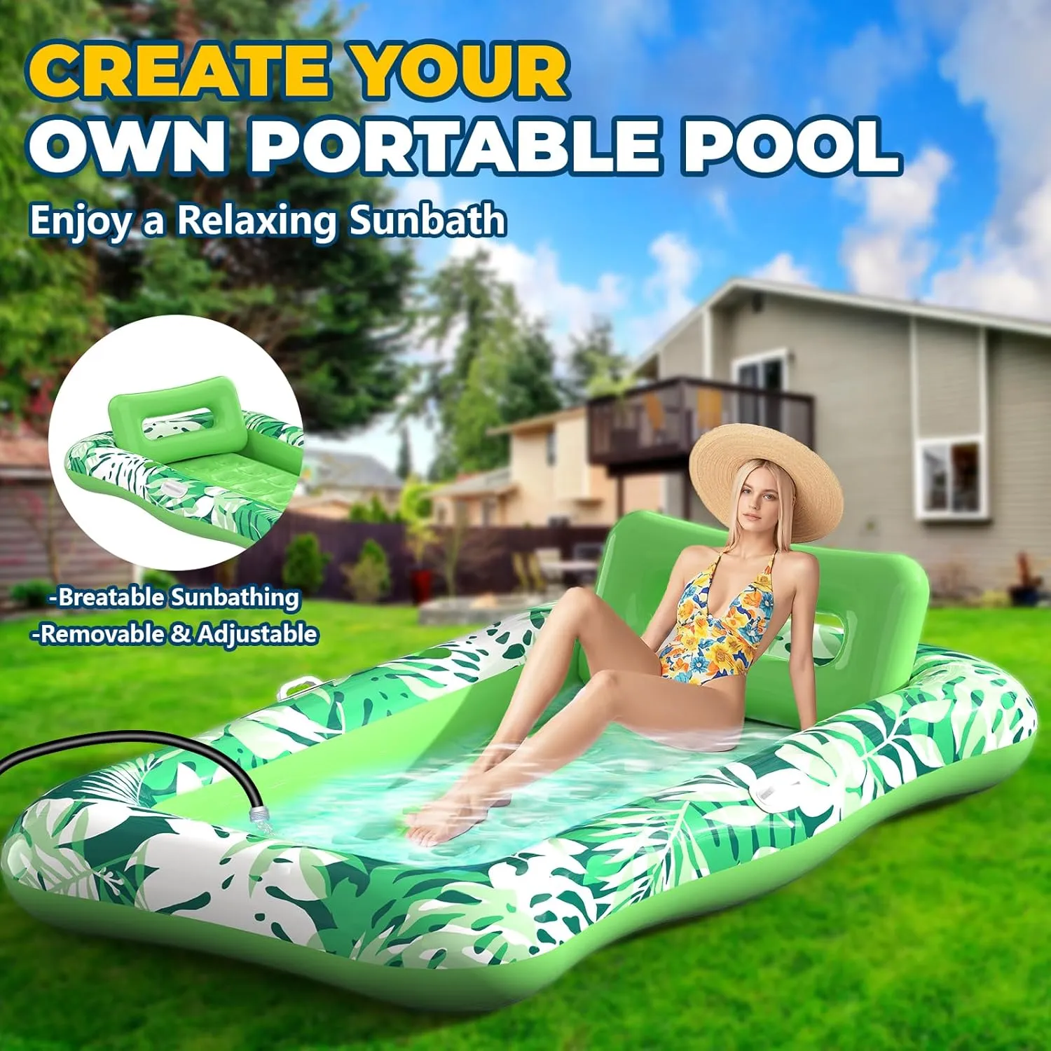 Pool Floats Adult,76" x 48" XL Inflatable Tanning Pool Lounger Float with Pillow,4 in 1 Suntan Tub Sunbathing Raft Floatie Water-Filled Mattress Kids Pool Ball Pit,Perfect for Lake River Party & Relax