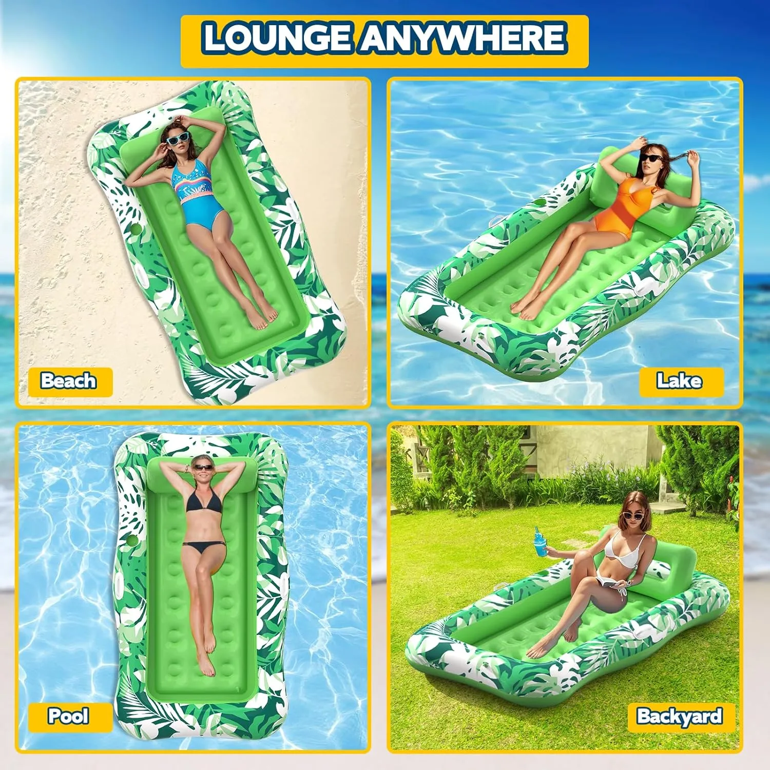 Pool Floats Adult,76" x 48" XL Inflatable Tanning Pool Lounger Float with Pillow,4 in 1 Suntan Tub Sunbathing Raft Floatie Water-Filled Mattress Kids Pool Ball Pit,Perfect for Lake River Party & Relax