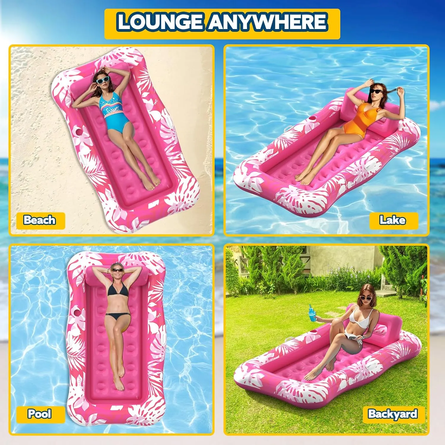 Pool Floats Adult,76" x 48" XL Inflatable Tanning Pool Lounger Float with Pillow,4 in 1 Suntan Tub Sunbathing Raft Floatie Water-Filled Mattress Kids Pool Ball Pit,Perfect for Lake River Party & Relax