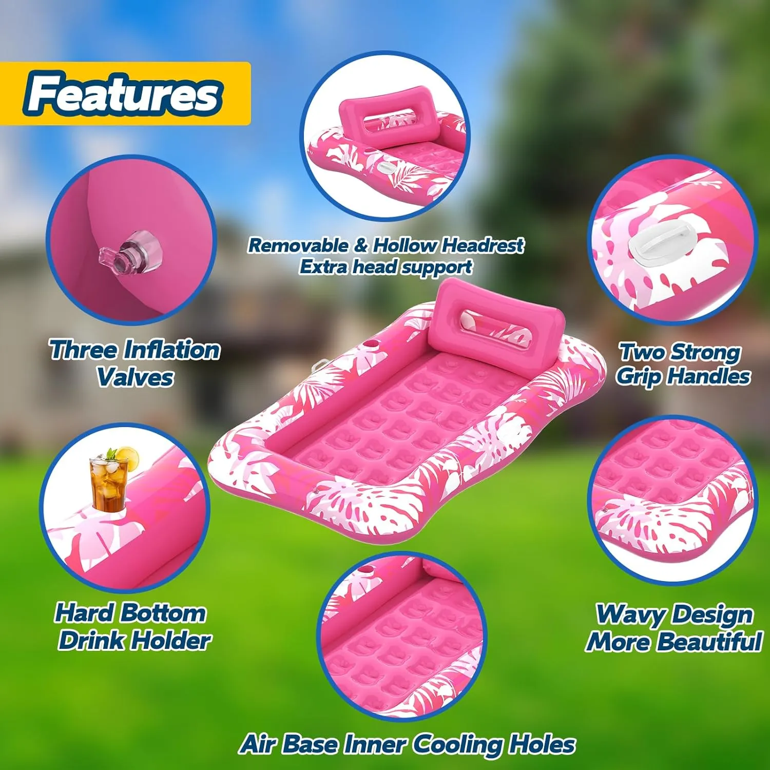 Pool Floats Adult,76" x 48" XL Inflatable Tanning Pool Lounger Float with Pillow,4 in 1 Suntan Tub Sunbathing Raft Floatie Water-Filled Mattress Kids Pool Ball Pit,Perfect for Lake River Party & Relax