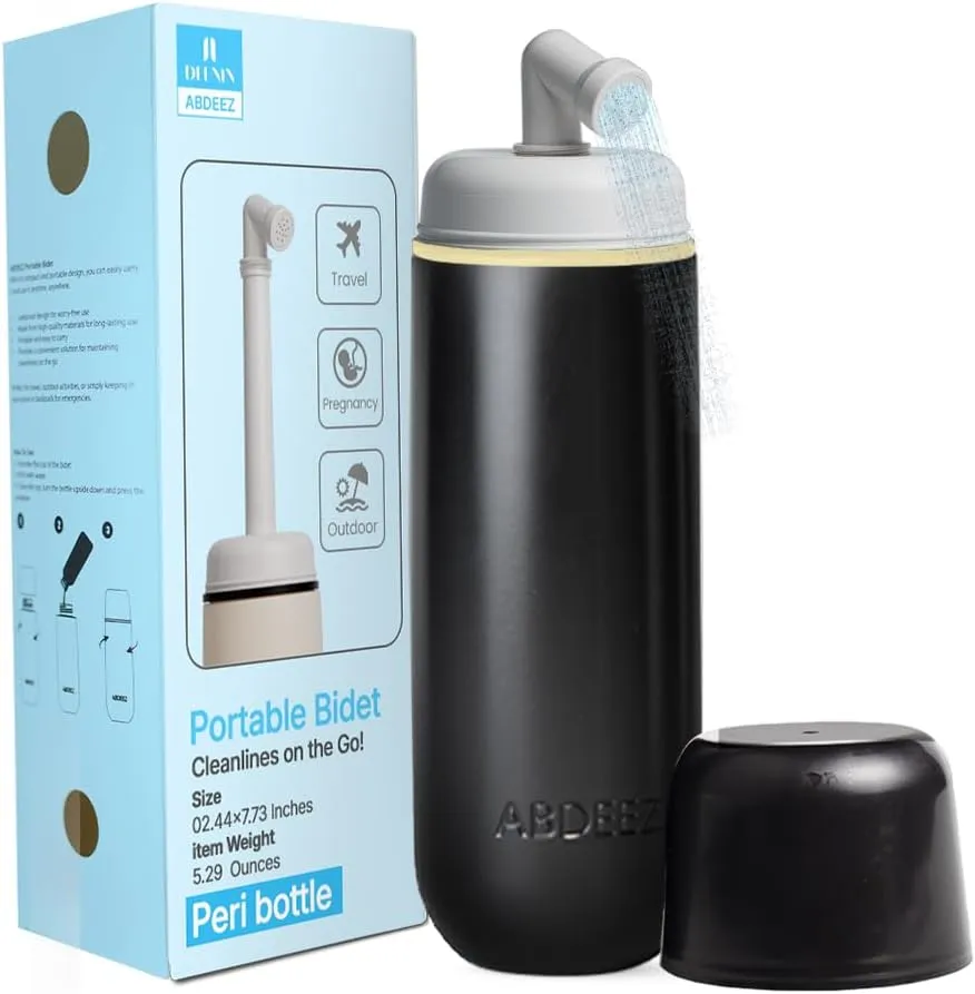 Portable Bidet for Travel & Toilet Hygiene | Handheld Peri Bottle for Women & Men | (12.84oz/380ml) Leakproof, Expandable Travel Bidet | Ideal for Postpartum & Personal Hygiene (Black, Standard)