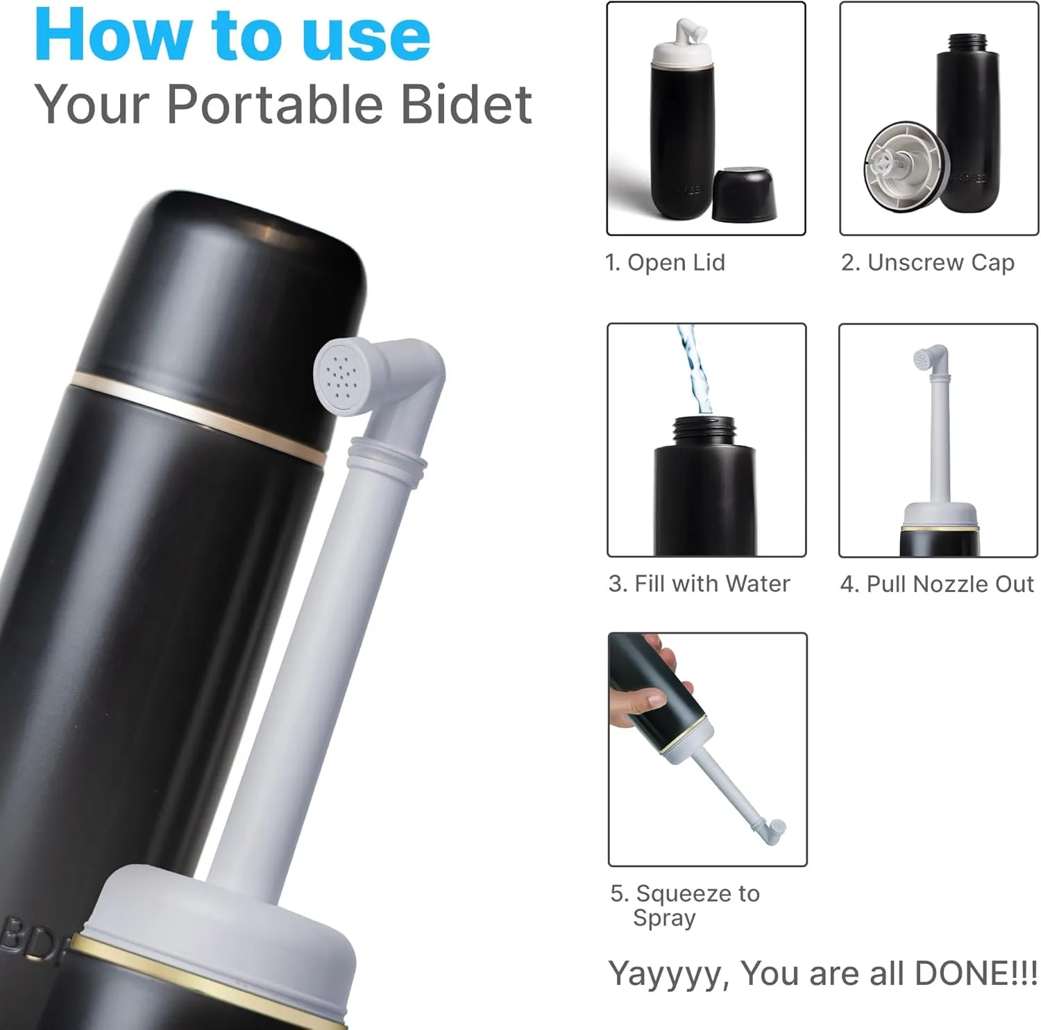 Portable Bidet for Travel & Toilet Hygiene | Handheld Peri Bottle for Women & Men | (12.84oz/380ml) Leakproof, Expandable Travel Bidet | Ideal for Postpartum & Personal Hygiene (Black, Standard)