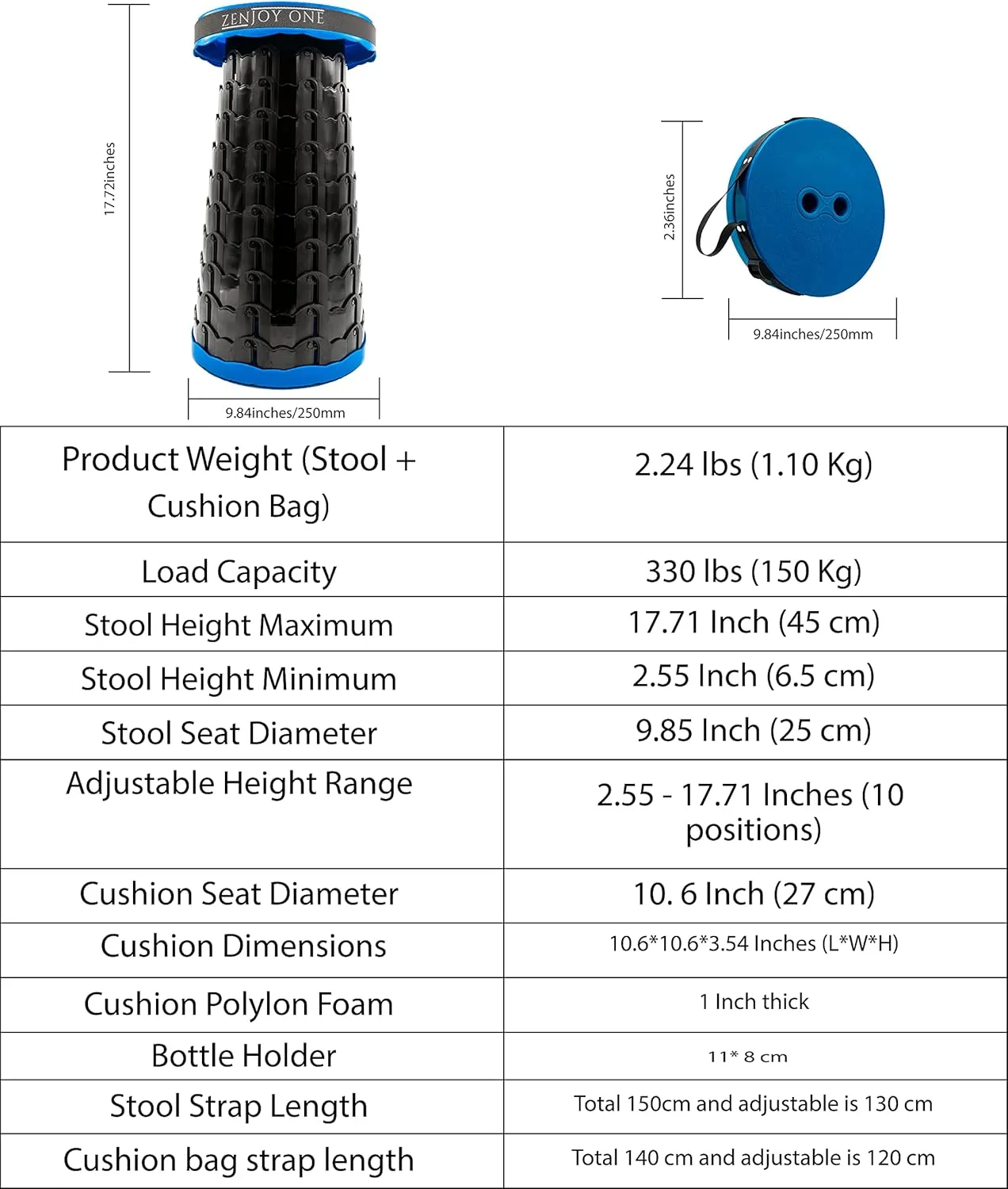 Portable Folding Seat with 3-in-1 Cushion Pad, Carry Bag, Drink Holder - Adjustable Height, Retractable Collapsible Lightweight Stool for Adults up to 330lbs, Travel & BBQ Chair