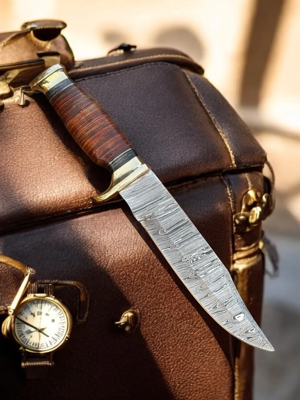 Poshland Custom Handmade Damascus Steel Inches Hunting Knife - Perfect Grip lesather Handle with Brass fitting (REG-592)