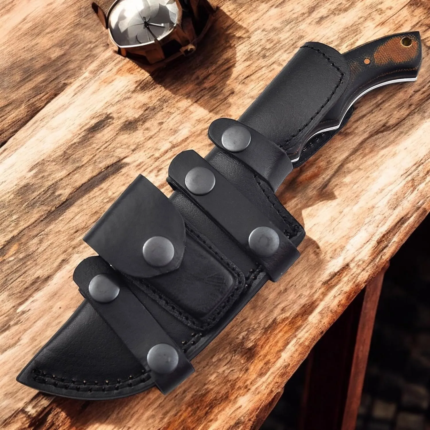 Poshland Handmade D2 Steel Tracker Knife, Fixed Blade Survival, Camping, Tactica,Black Tracker Design with Horizontal Carry Leather Sheath, Durable Outdoor Knife for Adventurers