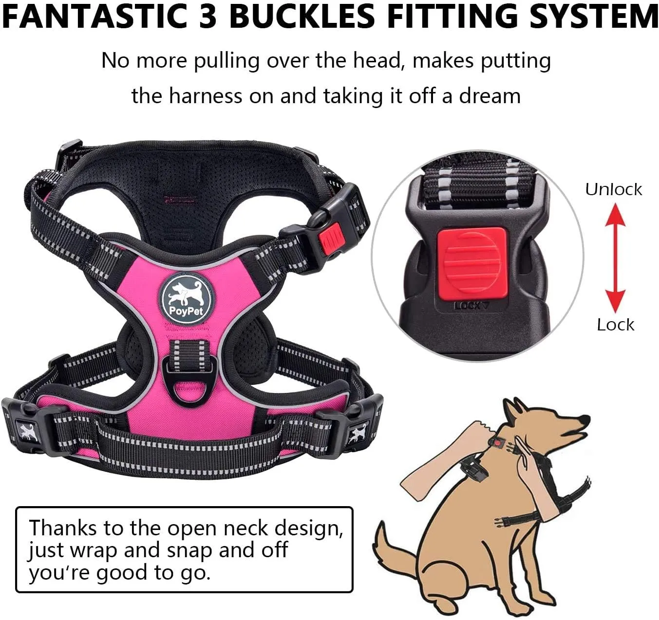 PoyPet Dog Harness and Leash Combo, Escape Proof No Pull Vest Harness, with 5 Feet Leash, Reflective Adjustable Soft Padded Pet Harness with Handle for Small to Large Dogs(Pink,M)