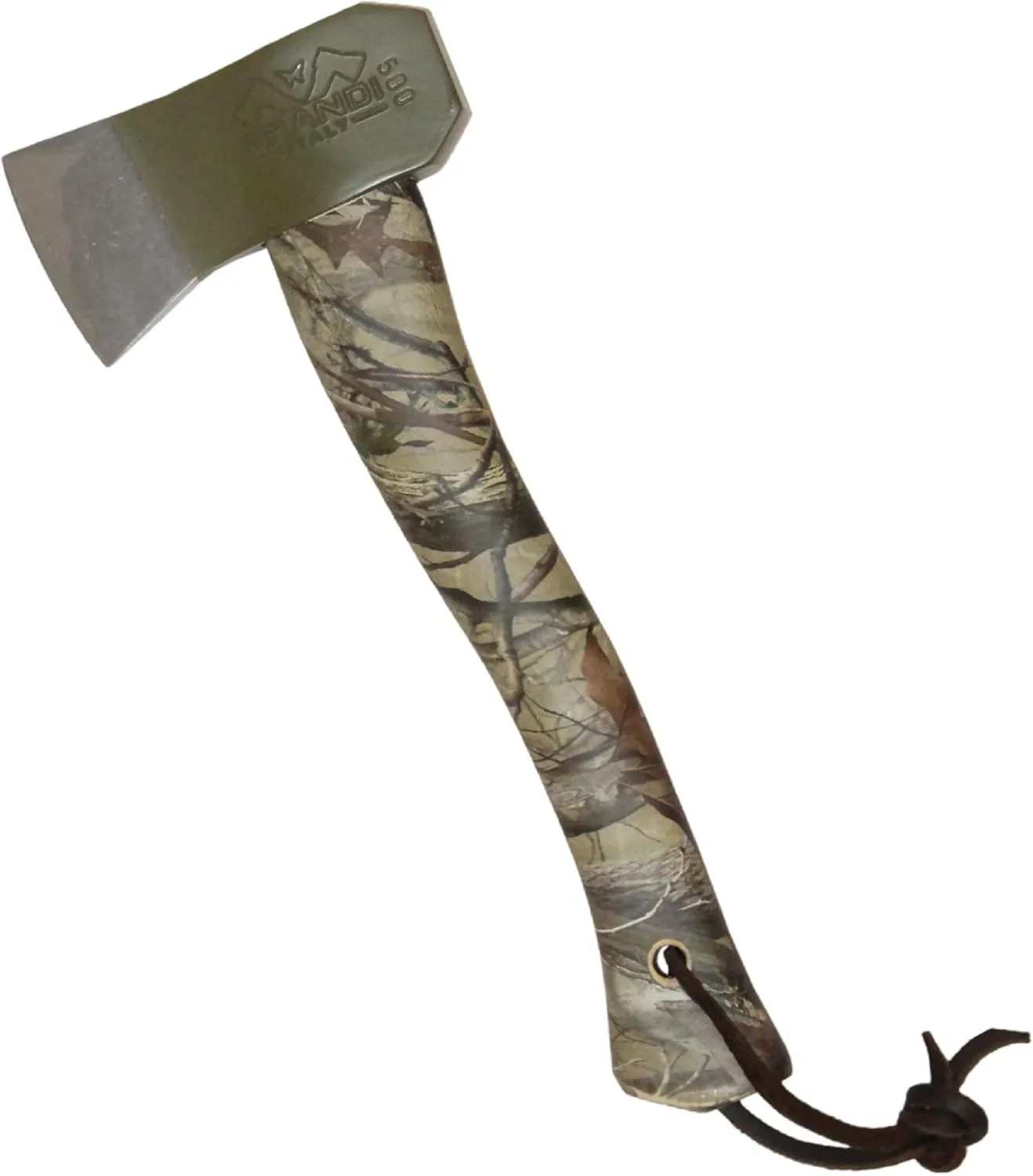 Prandi Axes Camping C45 Forged Carbon Steel Hatchet - Camou Hickory Handle with Leather String - Ideal for Camping, Travel and Bushcraft - S/N 3.051.05.DH - 13"L x 5.2"W, 500g Polished Head, No Sheath