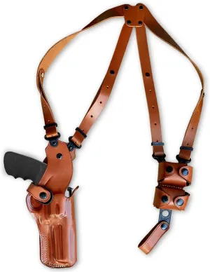 Premium Leather Vertical Shoulder Holster System with Double Speed Loader Pouch, for S&W Model 500 Magnum X-Frame 4" BBL, R/H Draw, Brown Color #1433#