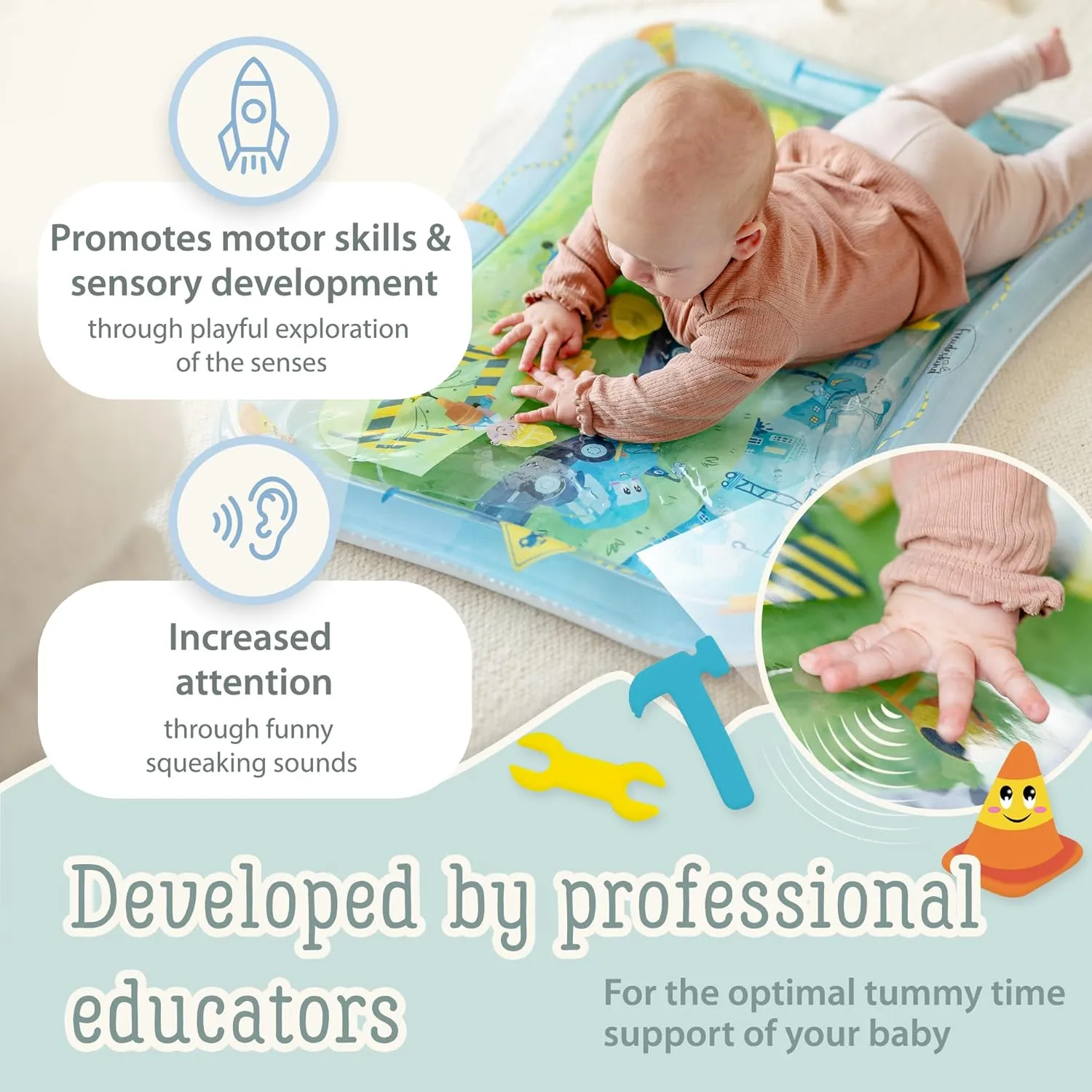 Premium Water Play Mat XXL – Award-Winning Inflatable Tummy Time Water Mat – Sensory & Motor Development Designed by Professional Educators – Certified 100% Baby-Safe Materials