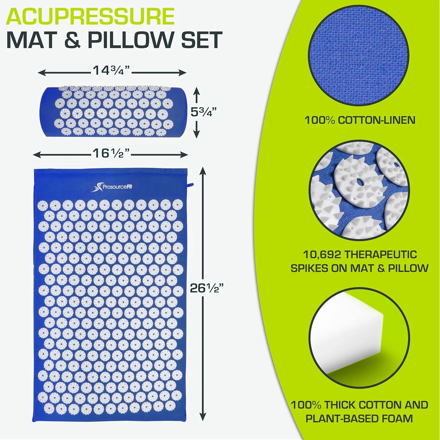 ProsourceFit Acupressure Mat and Pillow Set for Back/Neck Pain Relief and Muscle Relaxation, XL - Blue/White