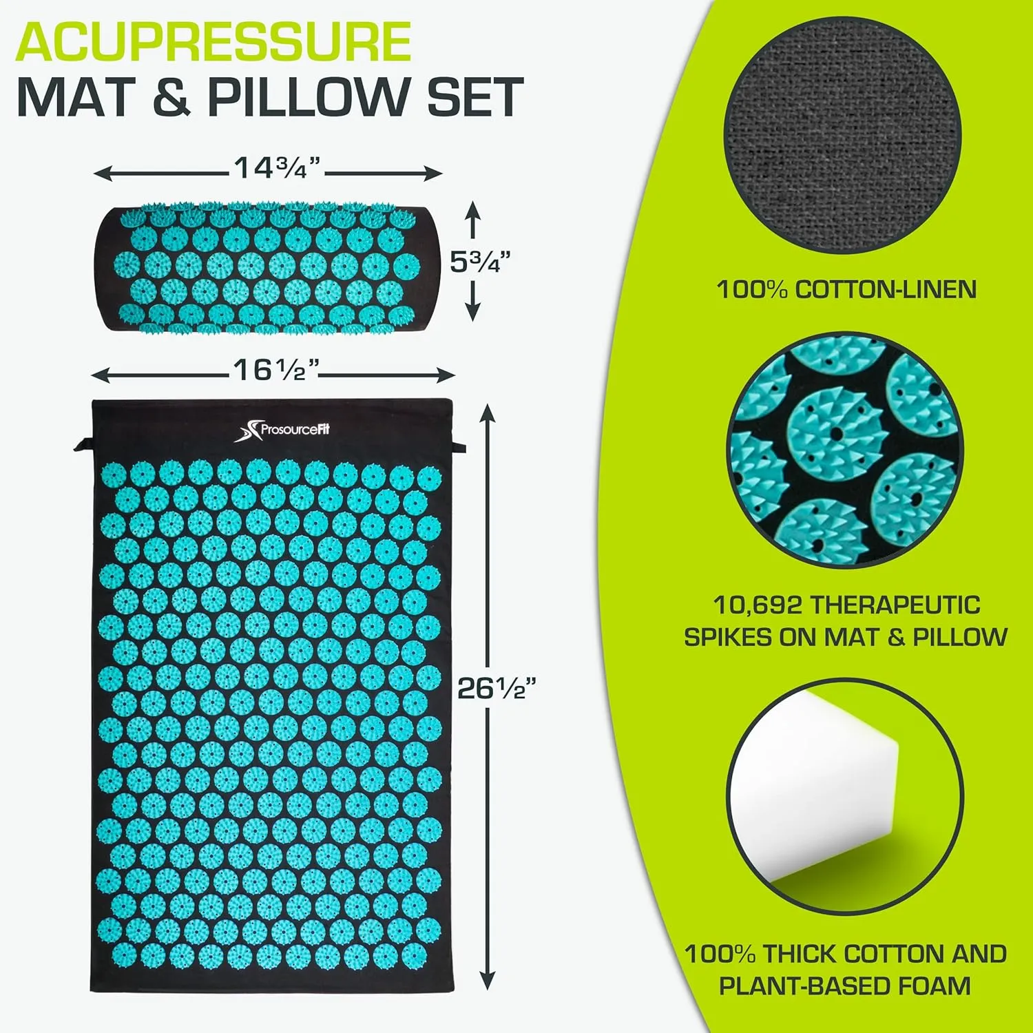 ProsourceFit Acupressure Mat and Pillow Set for Back/Neck Pain Relief and Muscle Relaxation, XL - Blue/White