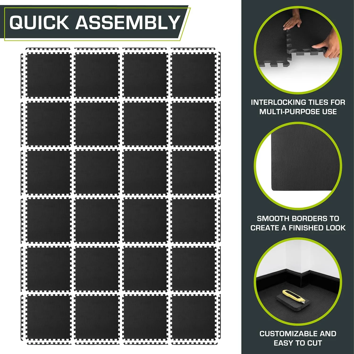 ProsourceFit Extra Thick Puzzle Exercise Mat, EVA Foam Interlocking Tiles for Protective, Cushioned Workout Flooring for Home and Gym Equipment, Black - 3/4 inch - 24 Sq Ft - 6 Tiles