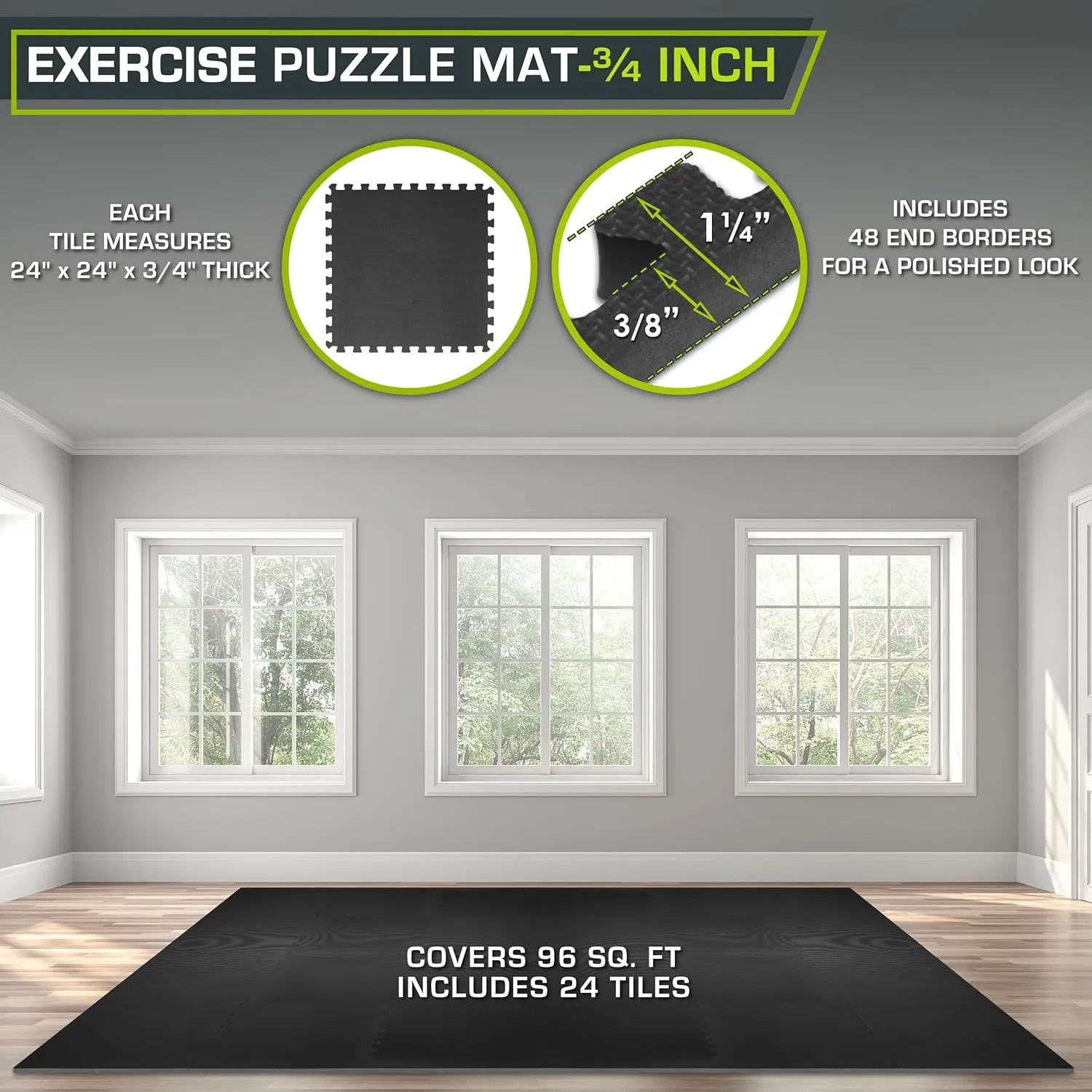 ProsourceFit Extra Thick Puzzle Exercise Mat, EVA Foam Interlocking Tiles for Protective, Cushioned Workout Flooring for Home and Gym Equipment, Black - 3/4 inch - 24 Sq Ft - 6 Tiles