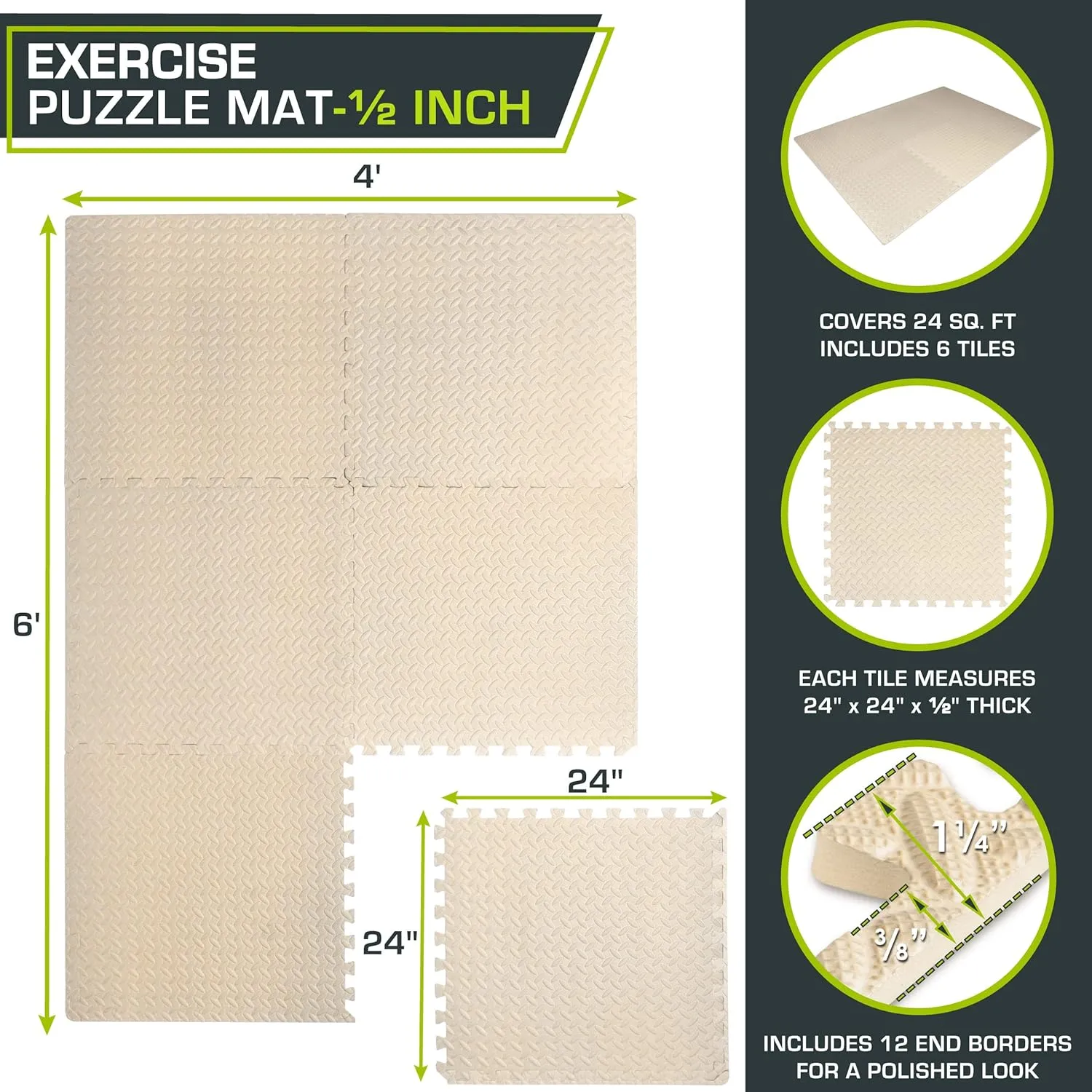 ProsourceFit Puzzle Exercise Mat ½ in, EVA Interlocking Foam Floor Tiles for Home Gym, Mat for Home Workout Equipment, Floor Padding for Kids, Black, 24 in x 24 in x ½ in, 48 Sq Ft - 12 Tiles