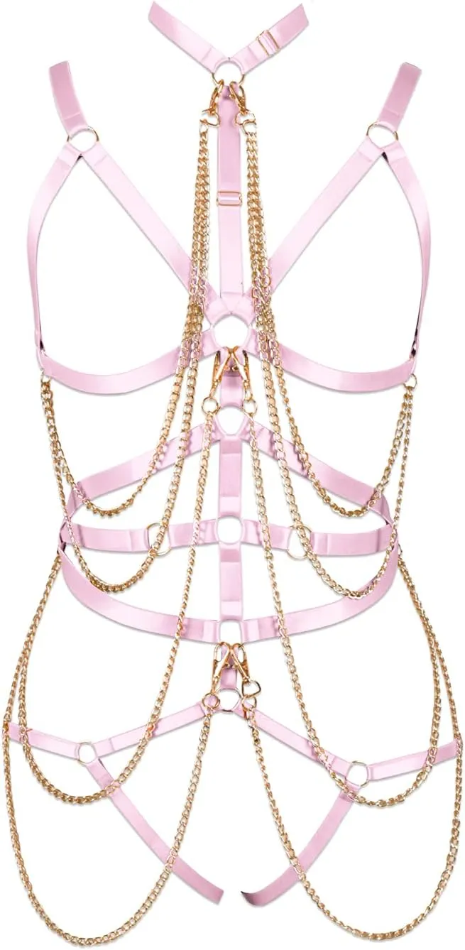 Punk Body Chain Harness Bra and Leg Garter Belt Lingerie Set Women Full Strappy Hollow Out Cage Bralette