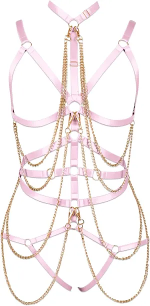 Punk Body Chain Harness Bra and Leg Garter Belt Lingerie Set Women Full Strappy Hollow Out Cage Bralette