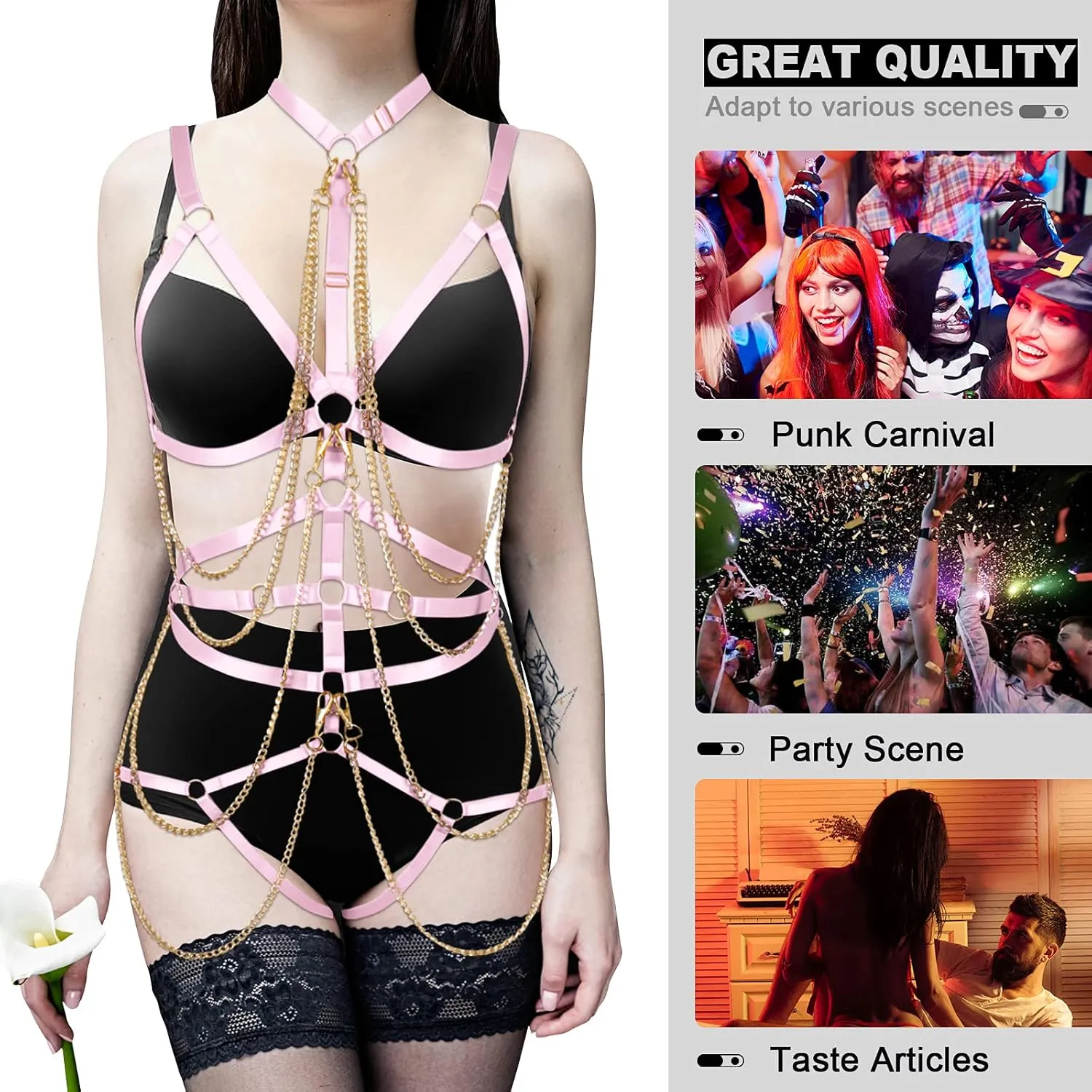 Punk Body Chain Harness Bra and Leg Garter Belt Lingerie Set Women Full Strappy Hollow Out Cage Bralette
