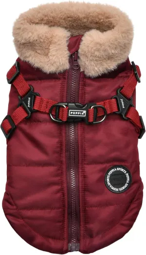 Puppia Donavan Winter Dog Coat with Integrated Harness No Pull Cold Weather Waterproof Warm Fleece Back Zipper for Small & Medium Dog, Wine, Large
