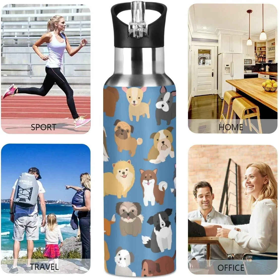 Puppy Dog Blue Water Bottle with Straw Lid Kids Insulated Stainless Steel Water Flask Sports, 20 Oz Hot Cold