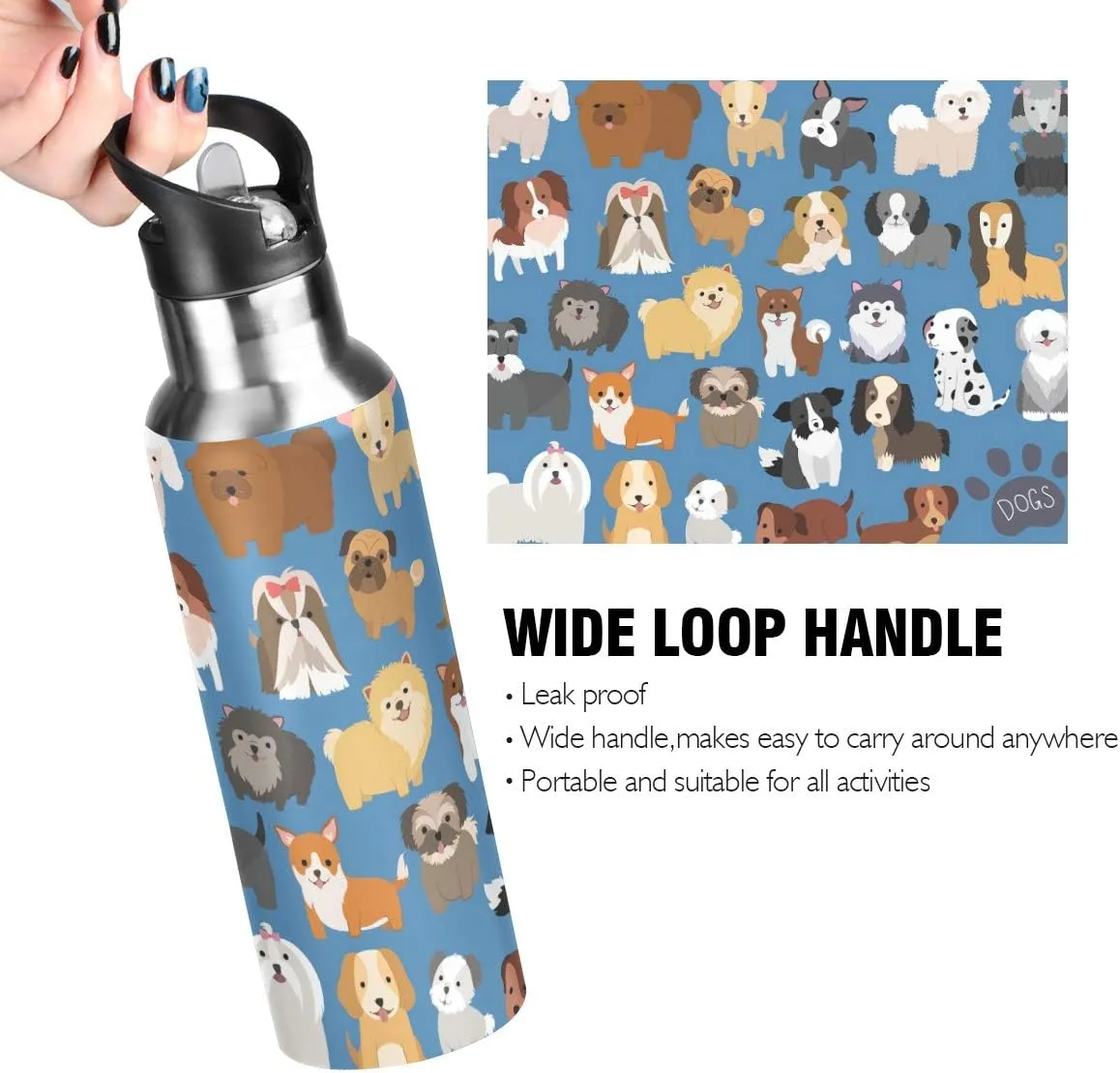 Puppy Dog Blue Water Bottle with Straw Lid Kids Insulated Stainless Steel Water Flask Sports, 20 Oz Hot Cold