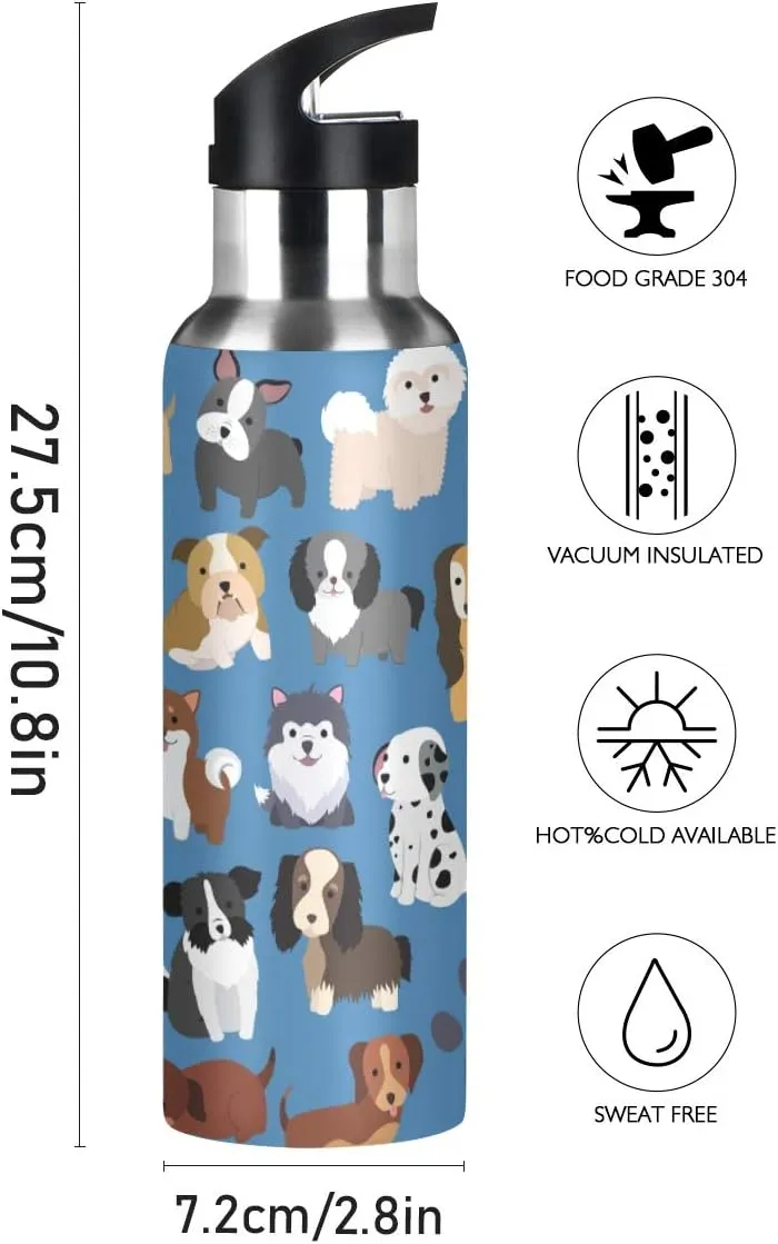 Puppy Dog Blue Water Bottle with Straw Lid Kids Insulated Stainless Steel Water Flask Sports, 20 Oz Hot Cold