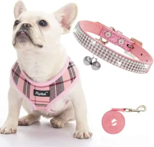 PUPTECK Soft Mesh Dog Harness with Collar with Bling Diamante and Double Bells