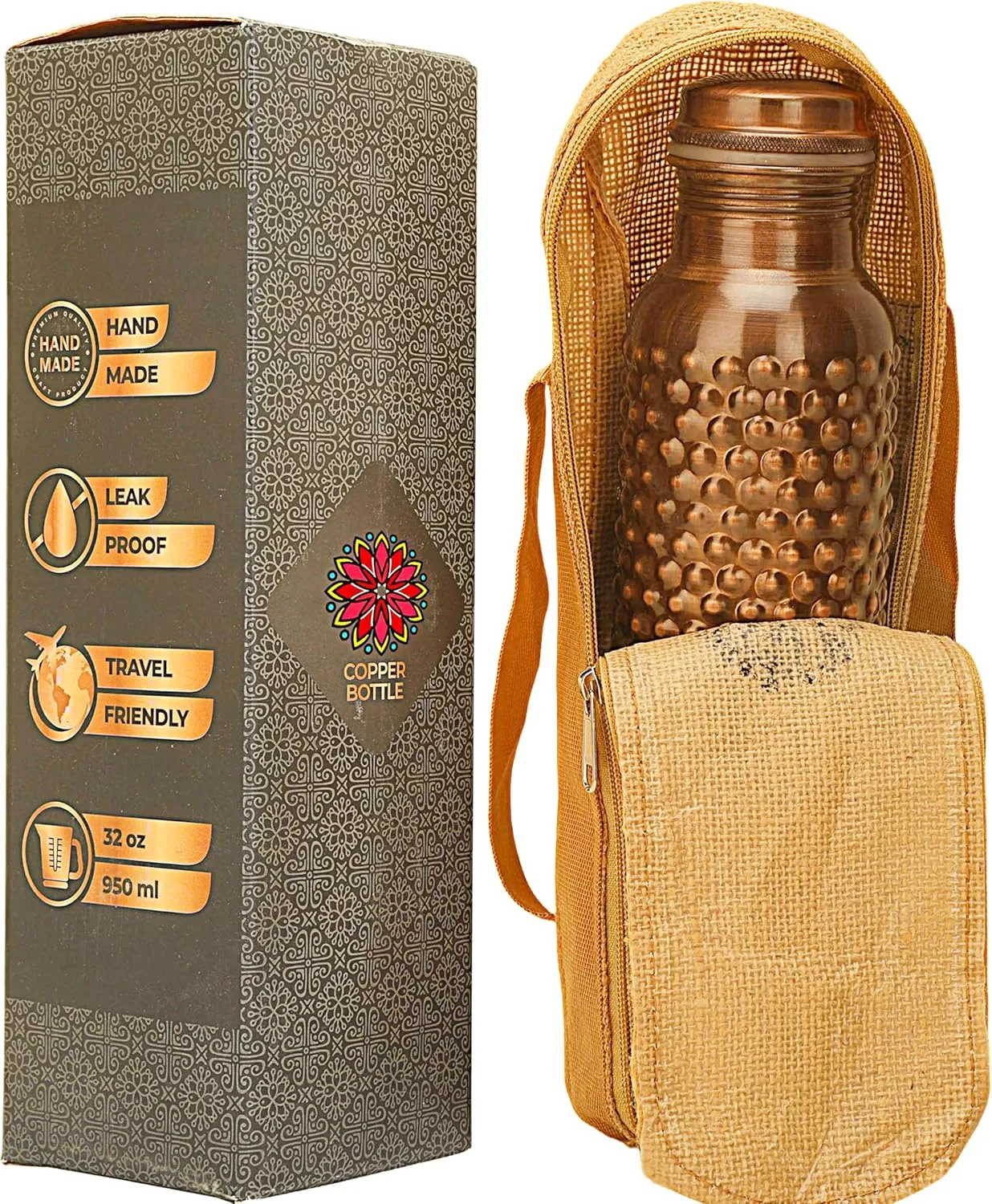 Pure Copper Water Bottle with Jute Carry Bag 34 Oz Copper Bottle for Drinking More Water Ayurvedic Copper Vessels for Gym, Yoga - 1000 ml (Antique Hammered Bottle)